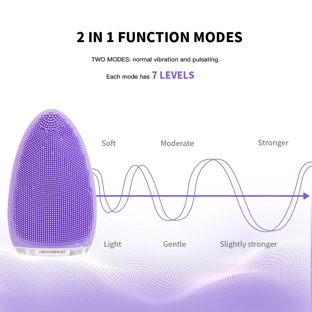 NEWDERMO Ultrasonic Electric Facial Cleansing Brush 2 Modes & 7 levels Gentle Exfoliating Pore Cleaner Massage IPX7 Waterproof