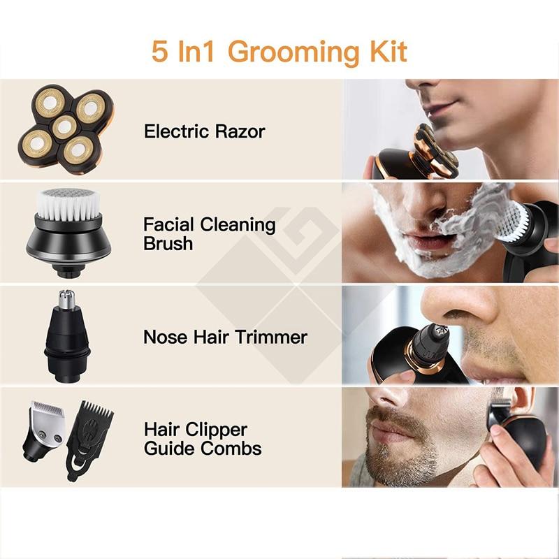 4 In 1 4D Men's Rechargeable Bald Head Electric Shaver 5 Floating Heads Beard Nose Ear Hair Trimmer Razor Clipper Facial Brush