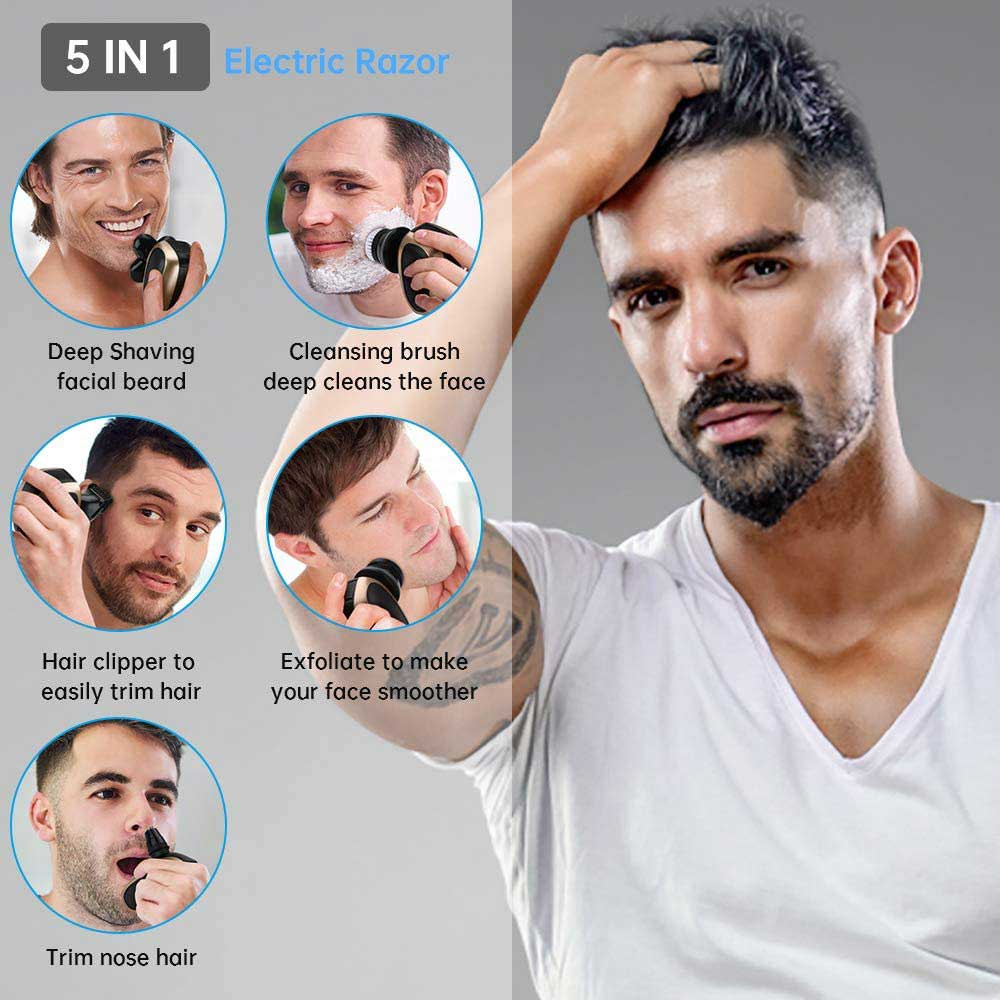 5 In 1 4D Men's Rechargeable Bald Head Electric Shaver 5 Floating Heads Beard Nose Ear Hair Trimmer Razor Clipper Facial Brush