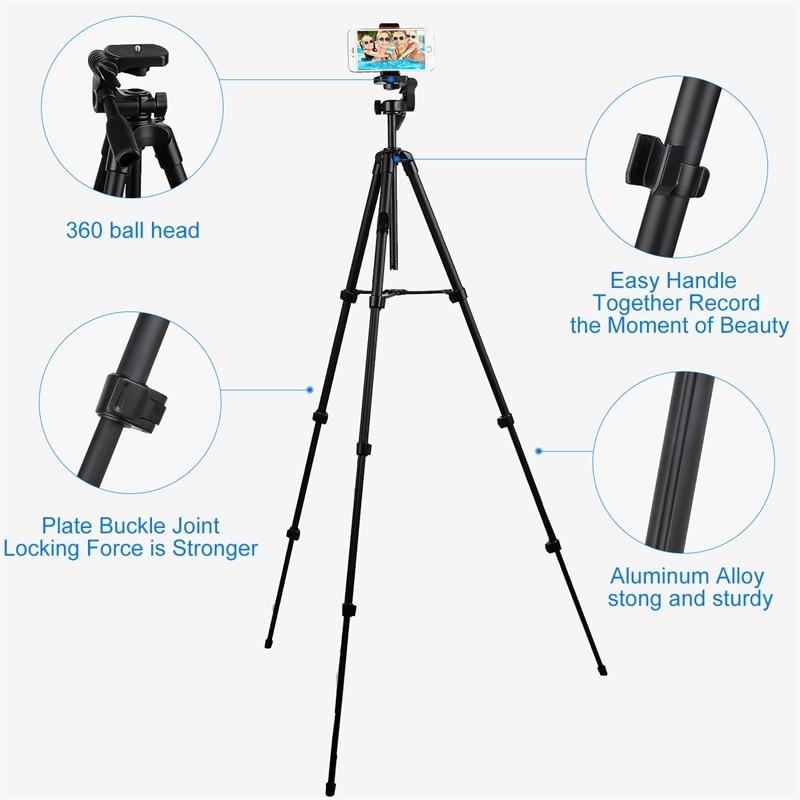 Cell Phone Tripod 55inch Selfie Stick Tripode with Bluetooth Remote Panorama Pan Head Travel Portable Tripod Stand for Mobile
