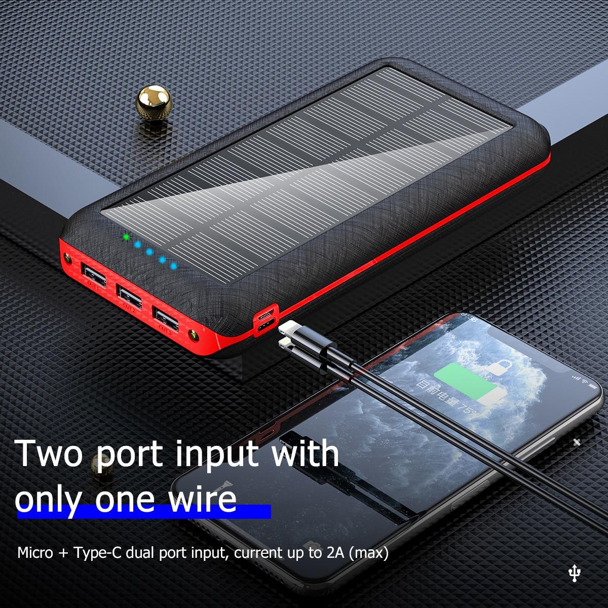 Wireless Solar Power Bank 80000mAh 3USB Ports Fast Qi Outdoor Charger for Smartphone Portable Power Bank Double Hole Lamp
